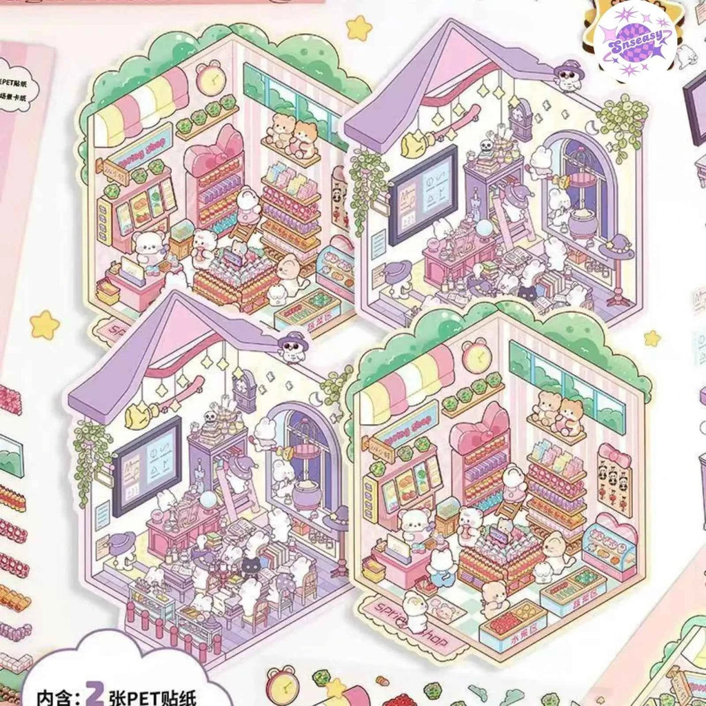 Cute Shop Simulation – 3D Miniature Sticker Scenes - 8 Theme Set: Youran Tea Event | Hot Pot Restaurant | Furniture Store | Small Tailor Shop | Magic Classroom | Convenience Store | Wedding Store | Wedding Venue