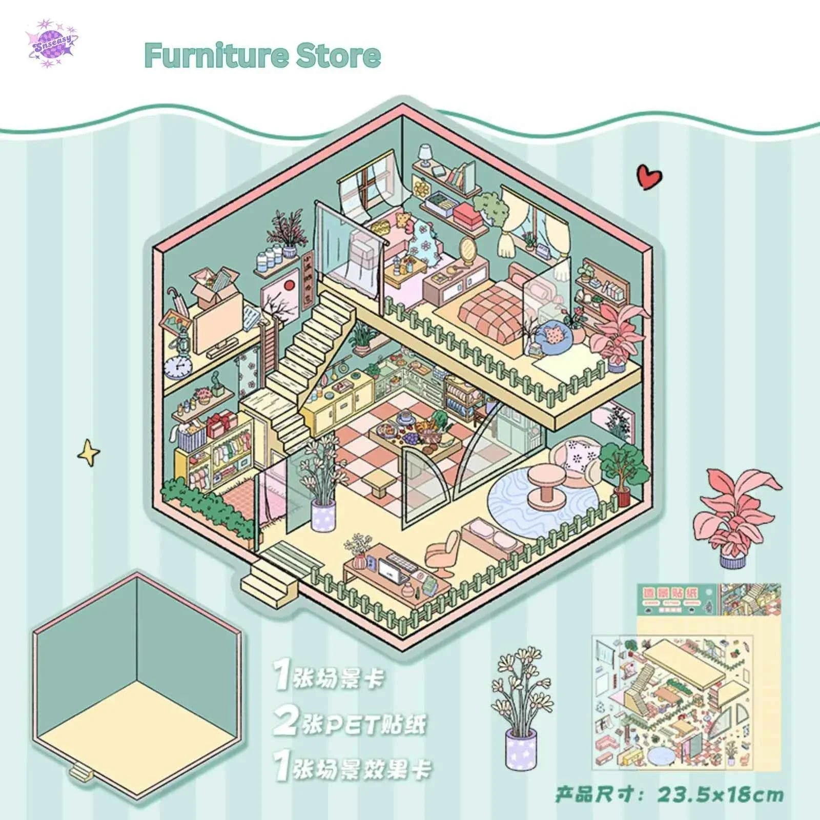 Cute Shop Simulation – 3D Miniature Sticker Scenes - 8 Theme Set: Youran Tea Event | Hot Pot Restaurant | Furniture Store | Small Tailor Shop | Magic Classroom | Convenience Store | Wedding Store | Wedding Venue