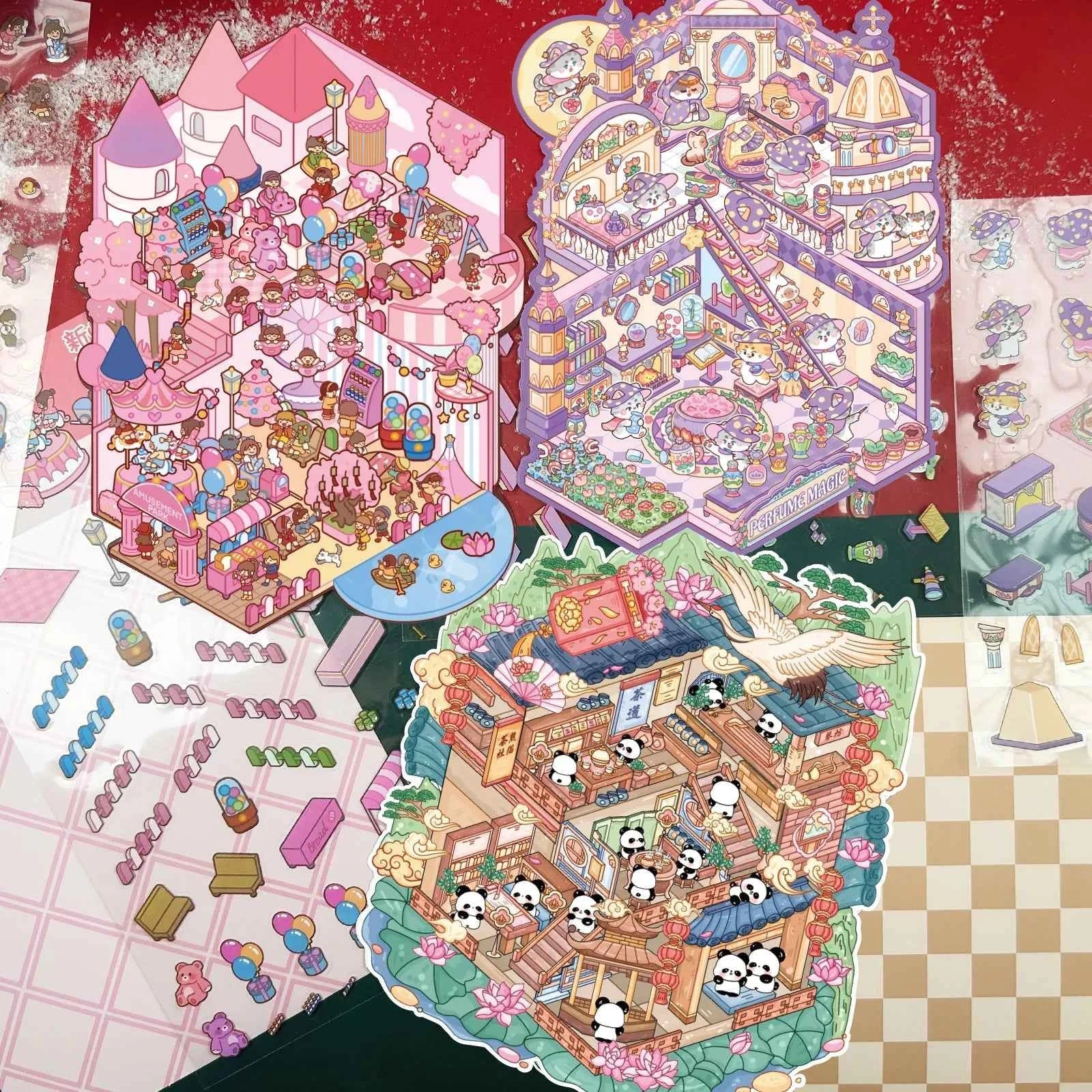 Cute Animals 15.0 – 3D DIY Miniature Sticker Scenes - 3 Theme Set: Cat Magic House | Panda Teahouse | Amusement Park
