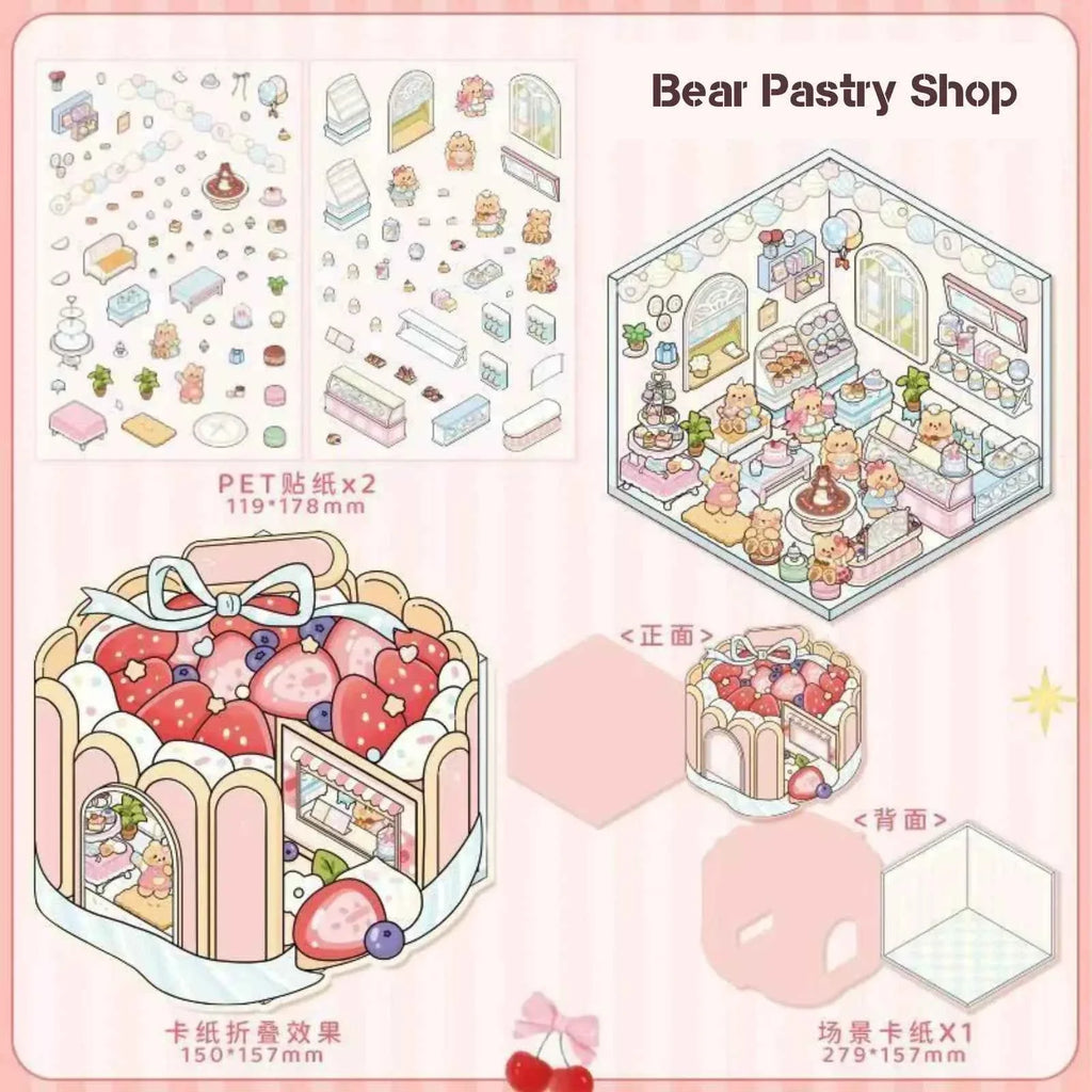 Creamy Bear Series – 3D Miniature Sticker Scenes - 4 Theme Sets: Bear Pastry Shop | Bear Bakery | Bear Café | Bear Clothing Store