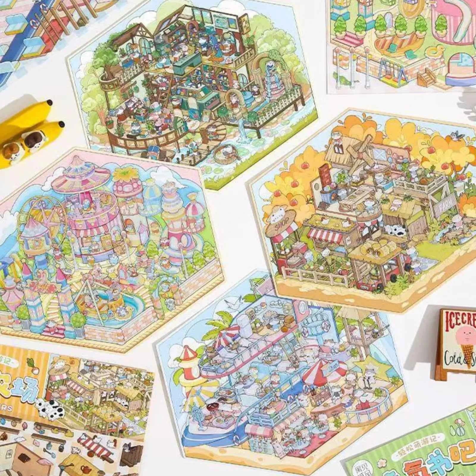 Cute Animals 17.0 – 3D Miniature Sticker Scenes - 4 Theme Sets: Amusement Park | Farm | Yacht | Bookstore
