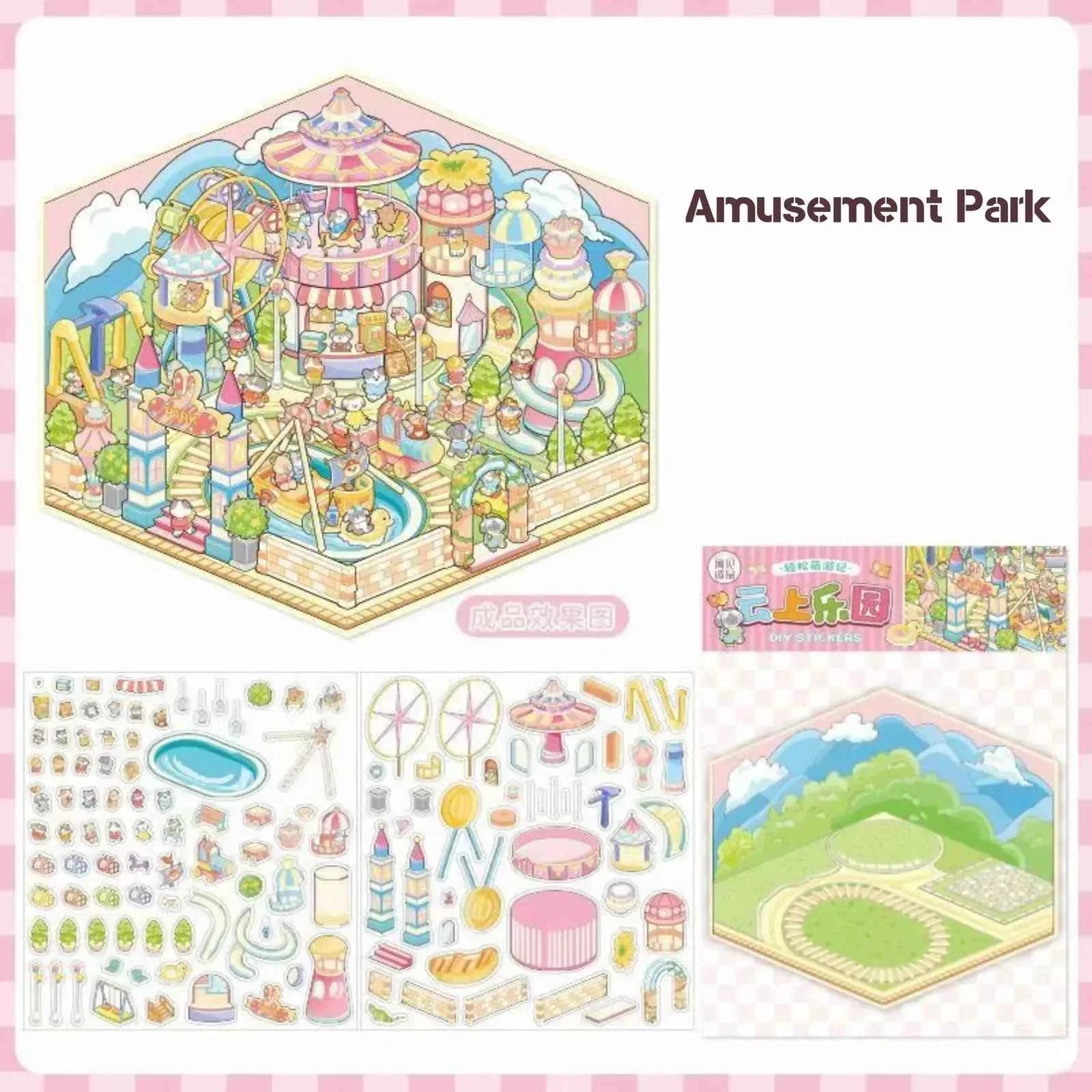 Cute Animals 17.0 – 3D Miniature Sticker Scenes - 4 Theme Sets: Amusement Park | Farm | Yacht | Bookstore