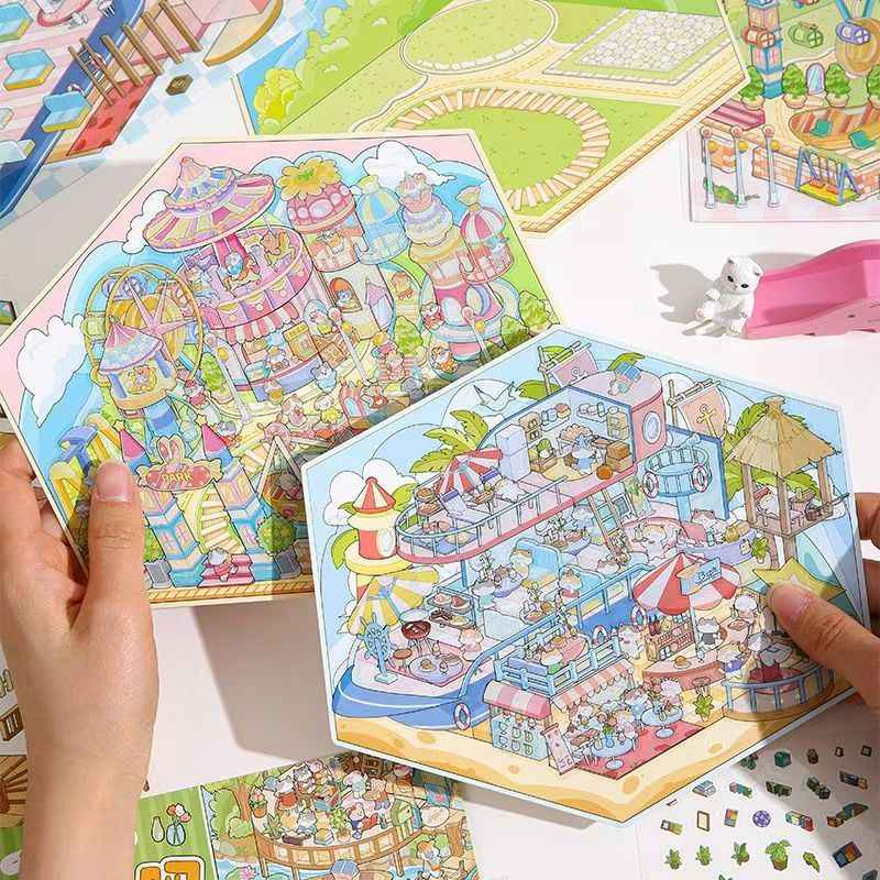 Cute Animals 17.0 – 3D Miniature Sticker Scenes - 4 Theme Sets: Amusement Park | Farm | Yacht | Bookstore
