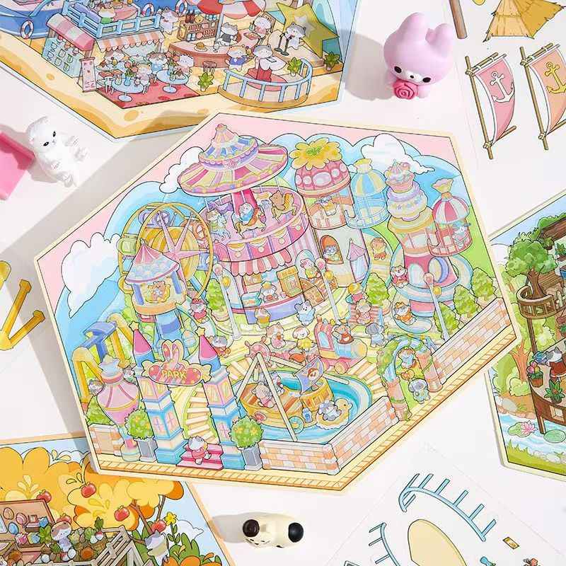 Cute Animals 17.0 – 3D Miniature Sticker Scenes - 4 Theme Sets: Amusement Park | Farm | Yacht | Bookstore
