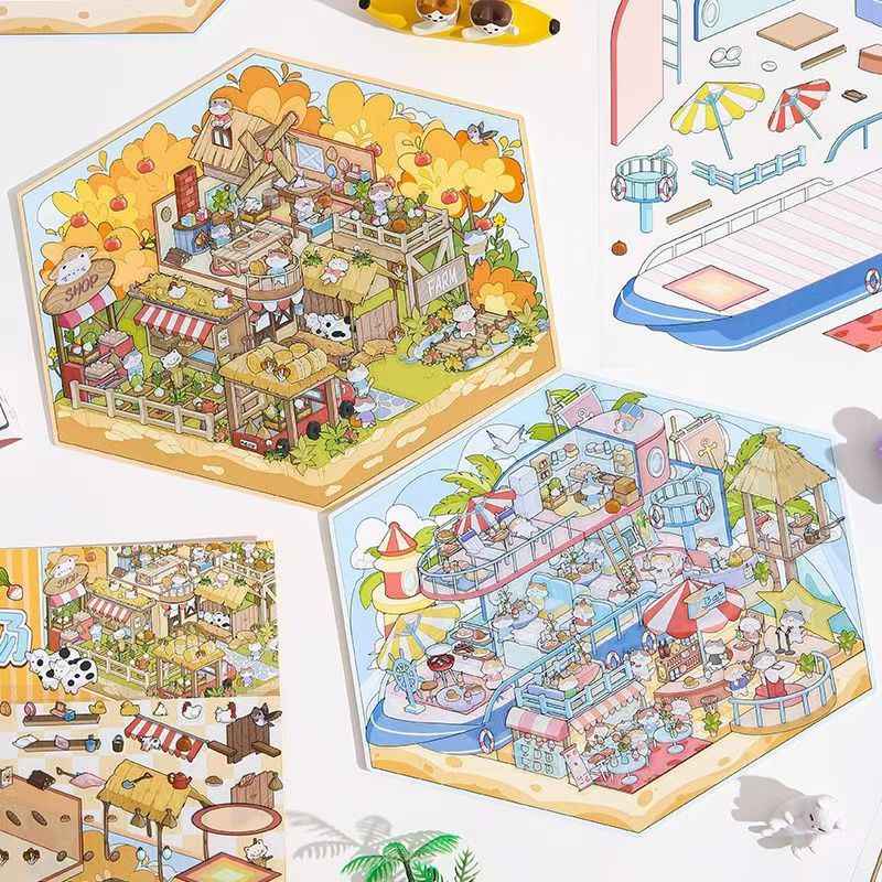 Cute Animals 17.0 – 3D Miniature Sticker Scenes - 4 Theme Sets: Amusement Park | Farm | Yacht | Bookstore