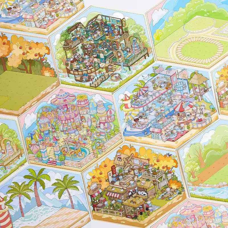 Cute Animals 17.0 – 3D Miniature Sticker Scenes - 4 Theme Sets: Amusement Park | Farm | Yacht | Bookstore