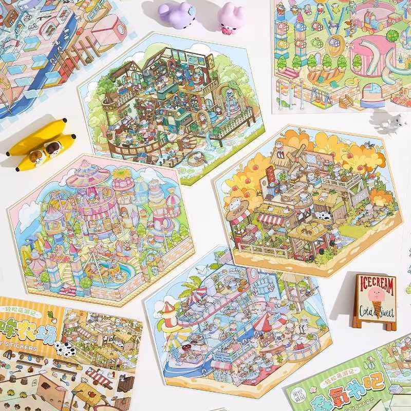 Cute Animals 17.0 – 3D Miniature Sticker Scenes - 4 Theme Sets: Amusement Park | Farm | Yacht | Bookstore