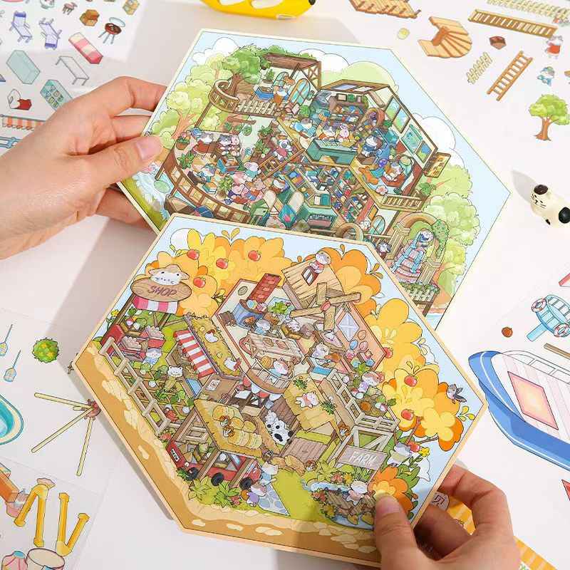 Cute Animals 17.0 – 3D Miniature Sticker Scenes - 4 Theme Sets: Amusement Park | Farm | Yacht | Bookstore