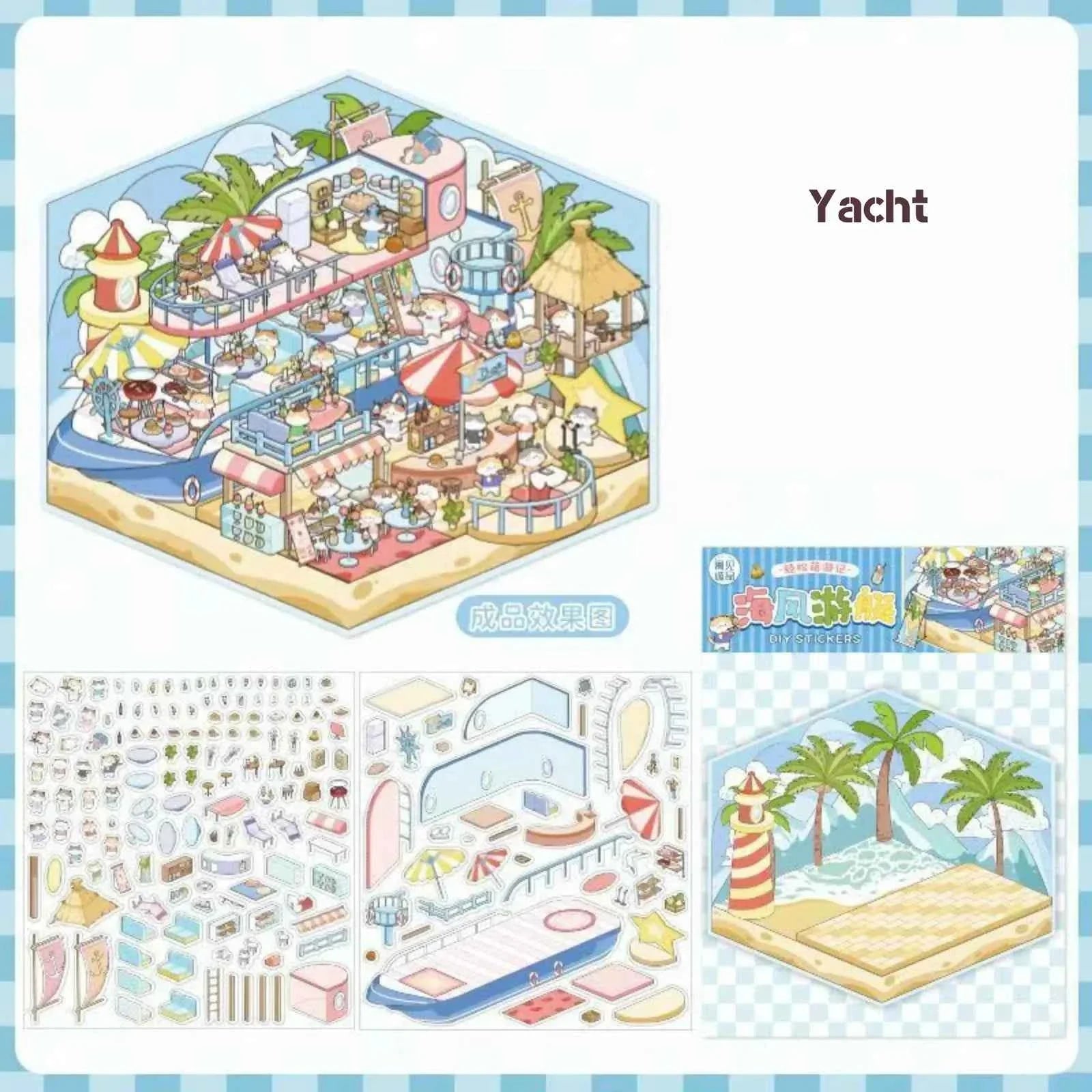 Cute Animals 17.0 – 3D Miniature Sticker Scenes - 4 Theme Sets: Amusement Park | Farm | Yacht | Bookstore