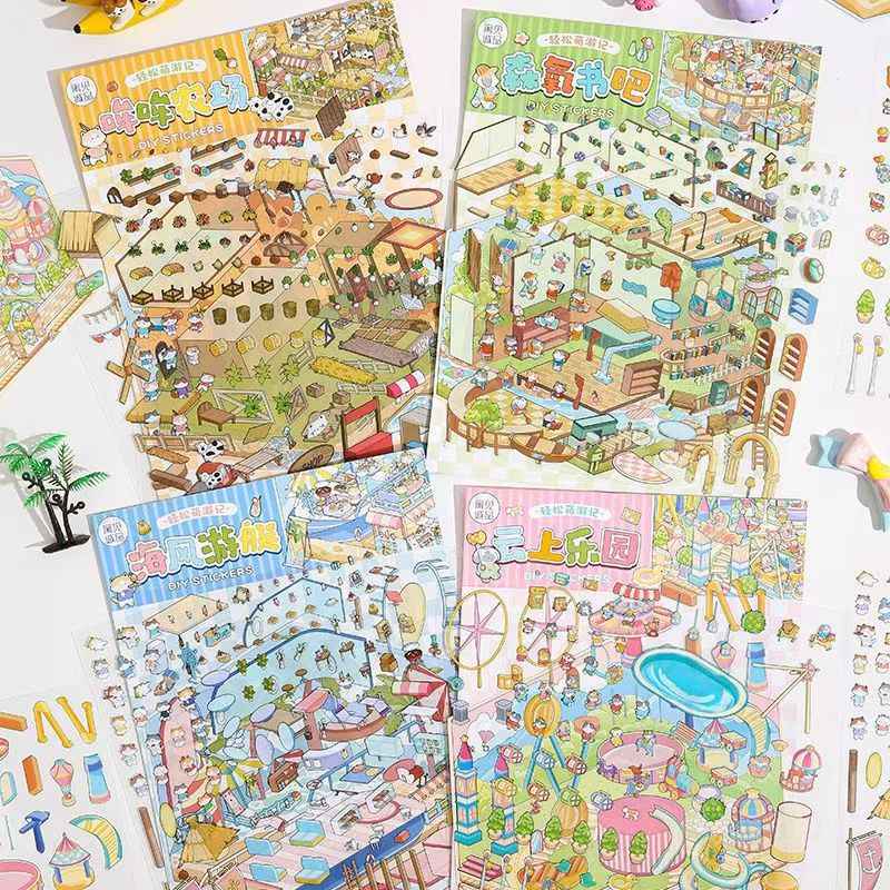 Cute Animals 17.0 – 3D Miniature Sticker Scenes - 4 Theme Sets: Amusement Park | Farm | Yacht | Bookstore