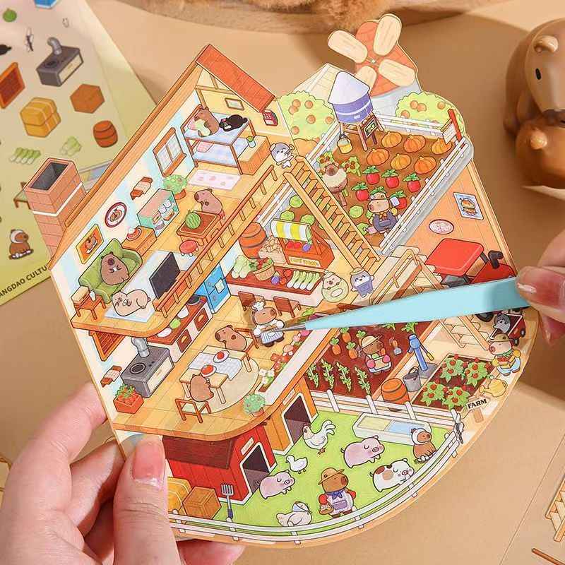 Cute Capybara – 3D Miniature Sticker Scenes - 4 Theme Sets: Underground Cave | Underwater World | Fun Farm | Mysterious Space