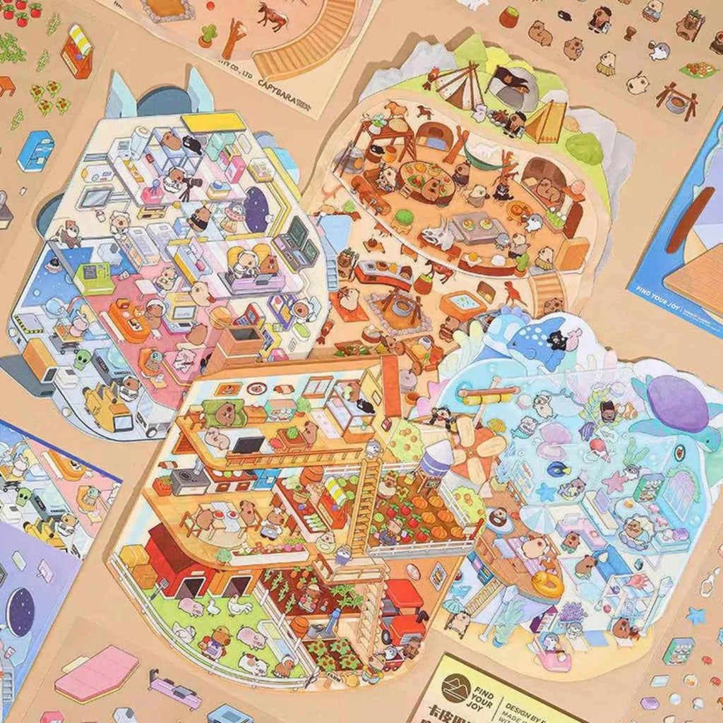 Cute Capybara – 3D Miniature Sticker Scenes - 4 Theme Sets: Underground Cave | Underwater World | Fun Farm | Mysterious Space