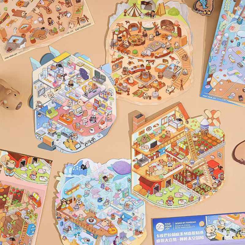 Cute Capybara – 3D Miniature Sticker Scenes - 4 Theme Sets: Underground Cave | Underwater World | Fun Farm | Mysterious Space