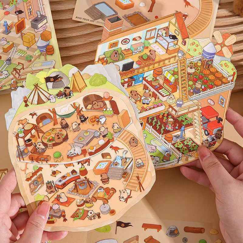 Cute Capybara – 3D Miniature Sticker Scenes - 4 Theme Sets: Underground Cave | Underwater World | Fun Farm | Mysterious Space