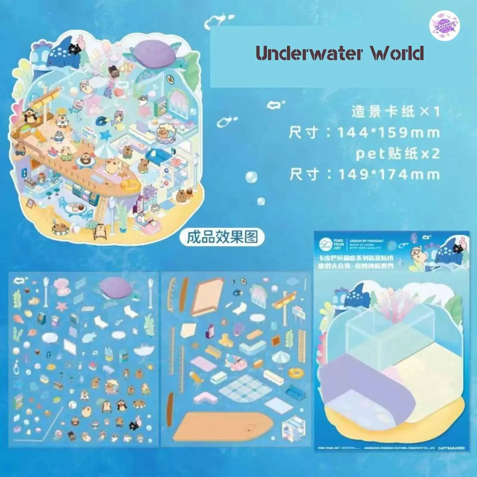 Cute Capybara – 3D Miniature Sticker Scenes - 4 Theme Sets: Underground Cave | Underwater World | Fun Farm | Mysterious Space