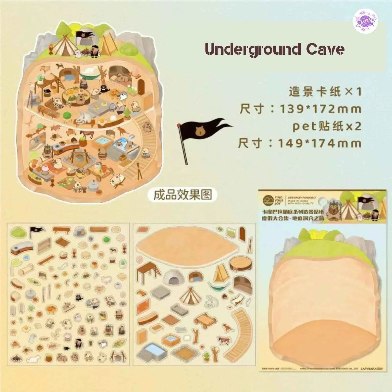 Cute Capybara – 3D Miniature Sticker Scenes - 4 Theme Sets: Underground Cave | Underwater World | Fun Farm | Mysterious Space
