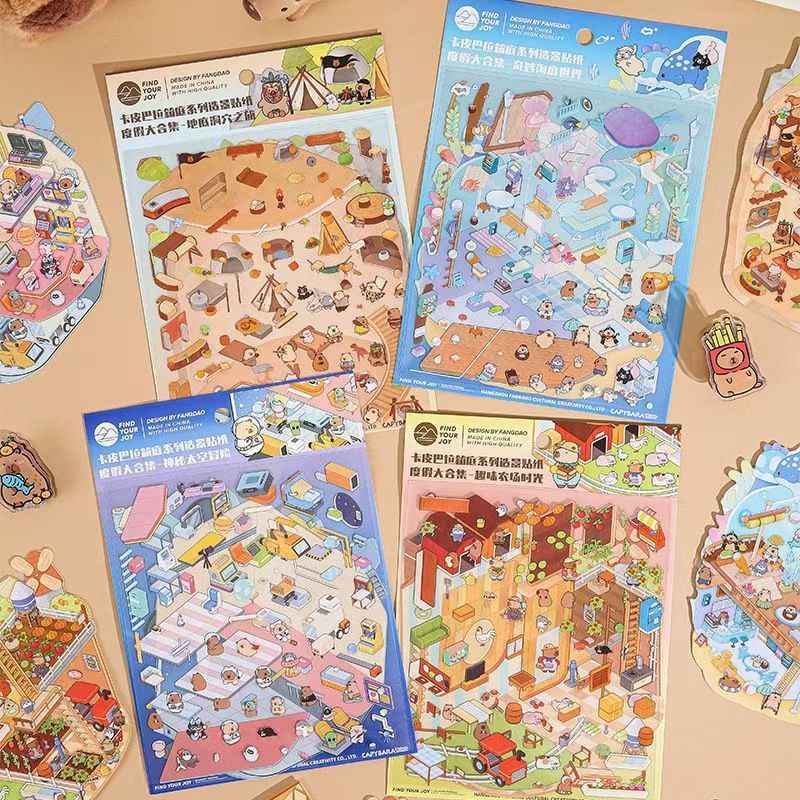 Cute Capybara – 3D Miniature Sticker Scenes - 4 Theme Sets: Underground Cave | Underwater World | Fun Farm | Mysterious Space