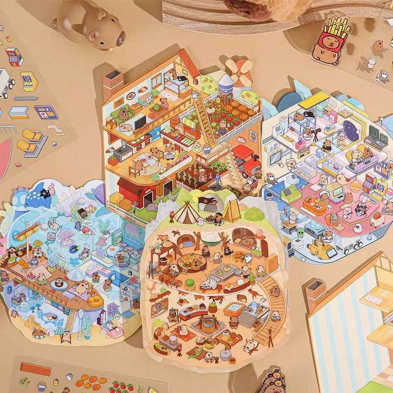 Cute Capybara – 3D Miniature Sticker Scenes - 4 Theme Sets: Underground Cave | Underwater World | Fun Farm | Mysterious Space