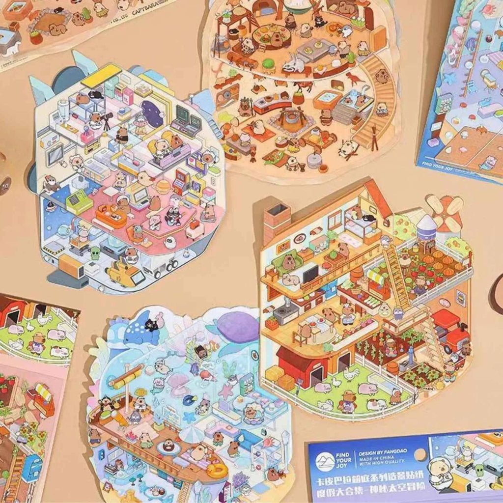 Cute Capybara – 3D Miniature Sticker Scenes - 4 Theme Sets: Underground Cave | Underwater World | Fun Farm | Mysterious Space