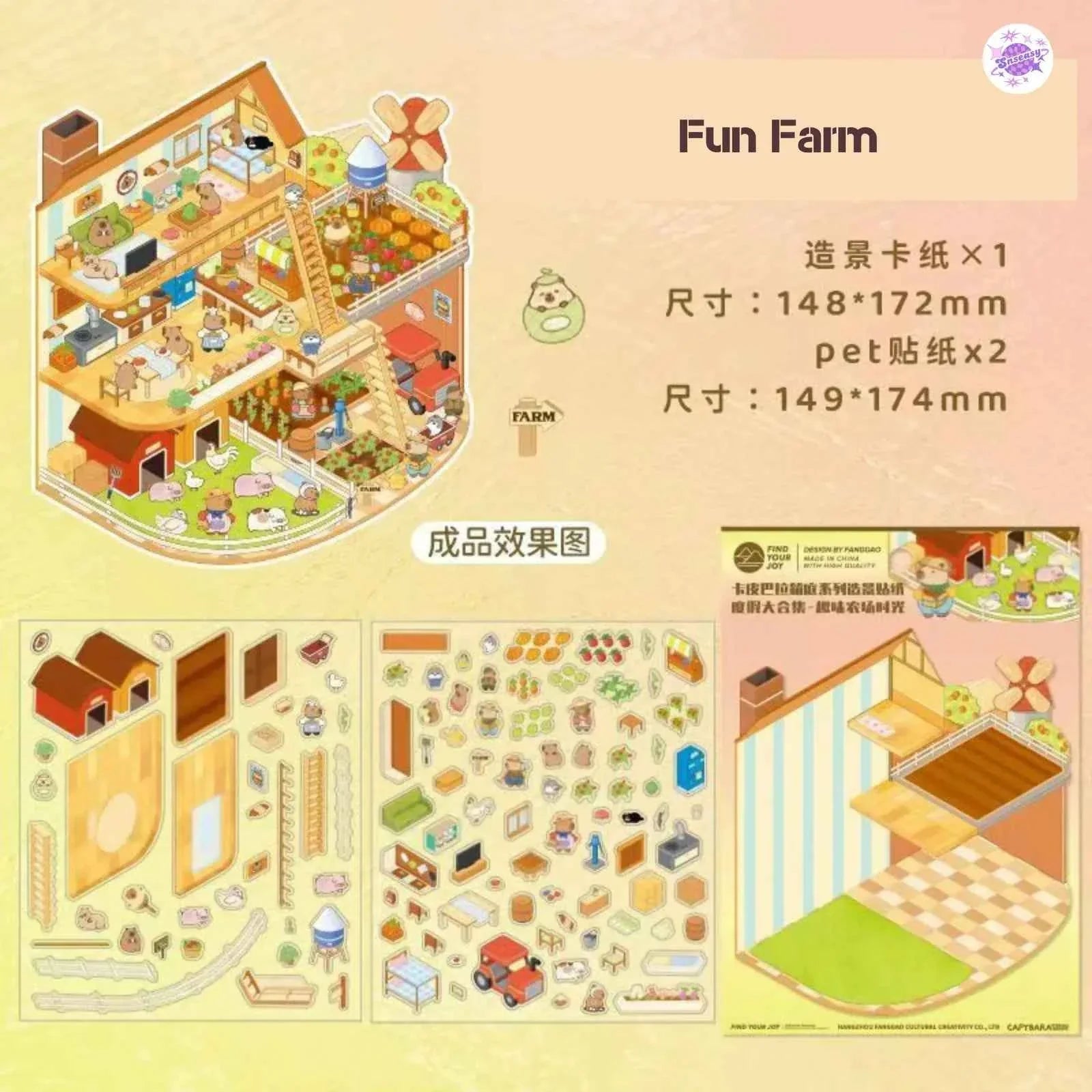 Cute Capybara – 3D Miniature Sticker Scenes - 4 Theme Sets: Underground Cave | Underwater World | Fun Farm | Mysterious Space