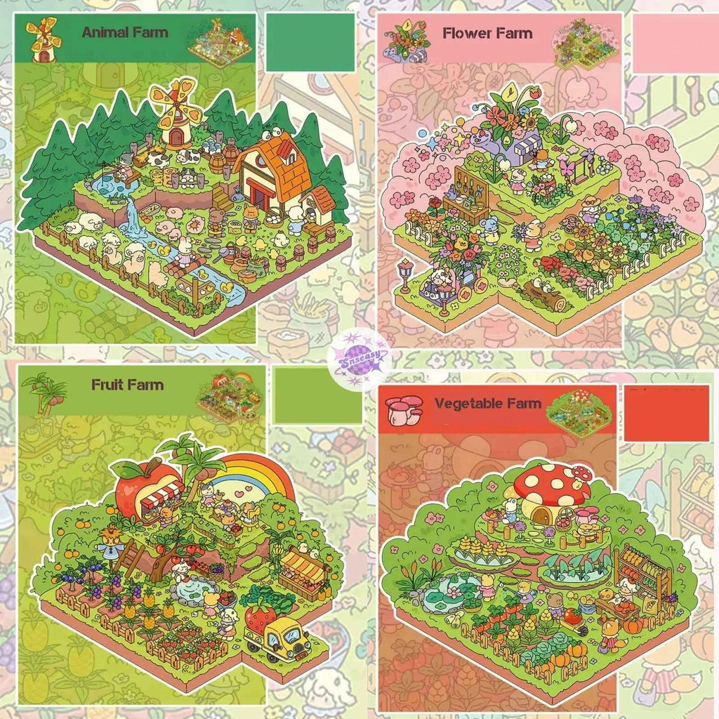 Pastoral Farm Series – 3D Miniature Sticker Scenes - 4 Theme Sets: Animal Farm | Vegetable Farm | Flower Farm | Fruit Farm