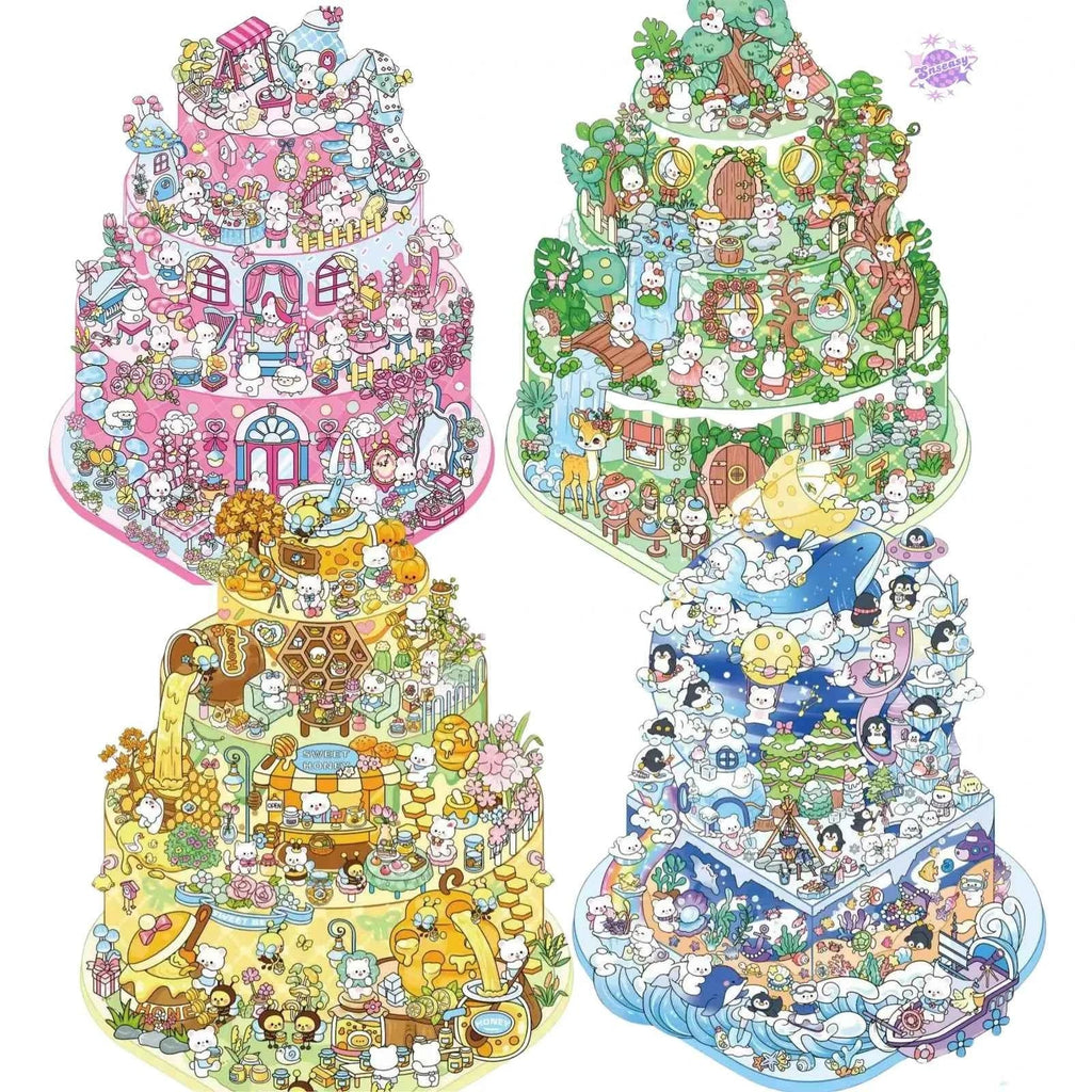 Cake Tea Party Series – 3D Miniature Sticker Scenes - 4 Theme Sets: Pink Villa | Starry Sea | Honey Cottage | Forest Cabin