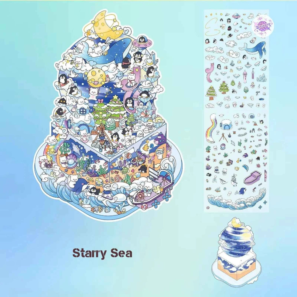 Cake Tea Party Series – 3D Miniature Sticker Scenes - 4 Theme Sets: Pink Villa | Starry Sea | Honey Cottage | Forest Cabin