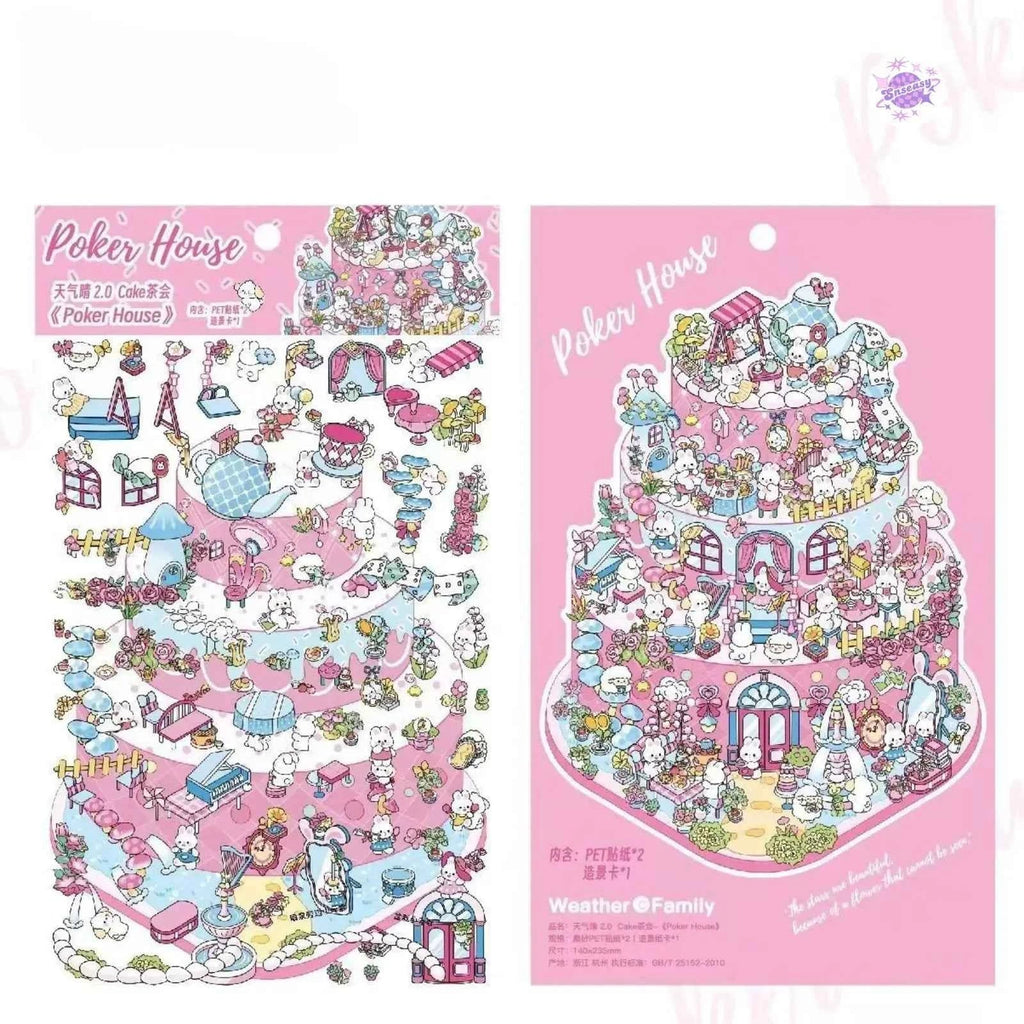 Cake Tea Party Series – 3D Miniature Sticker Scenes - 4 Theme Sets: Pink Villa | Starry Sea | Honey Cottage | Forest Cabin
