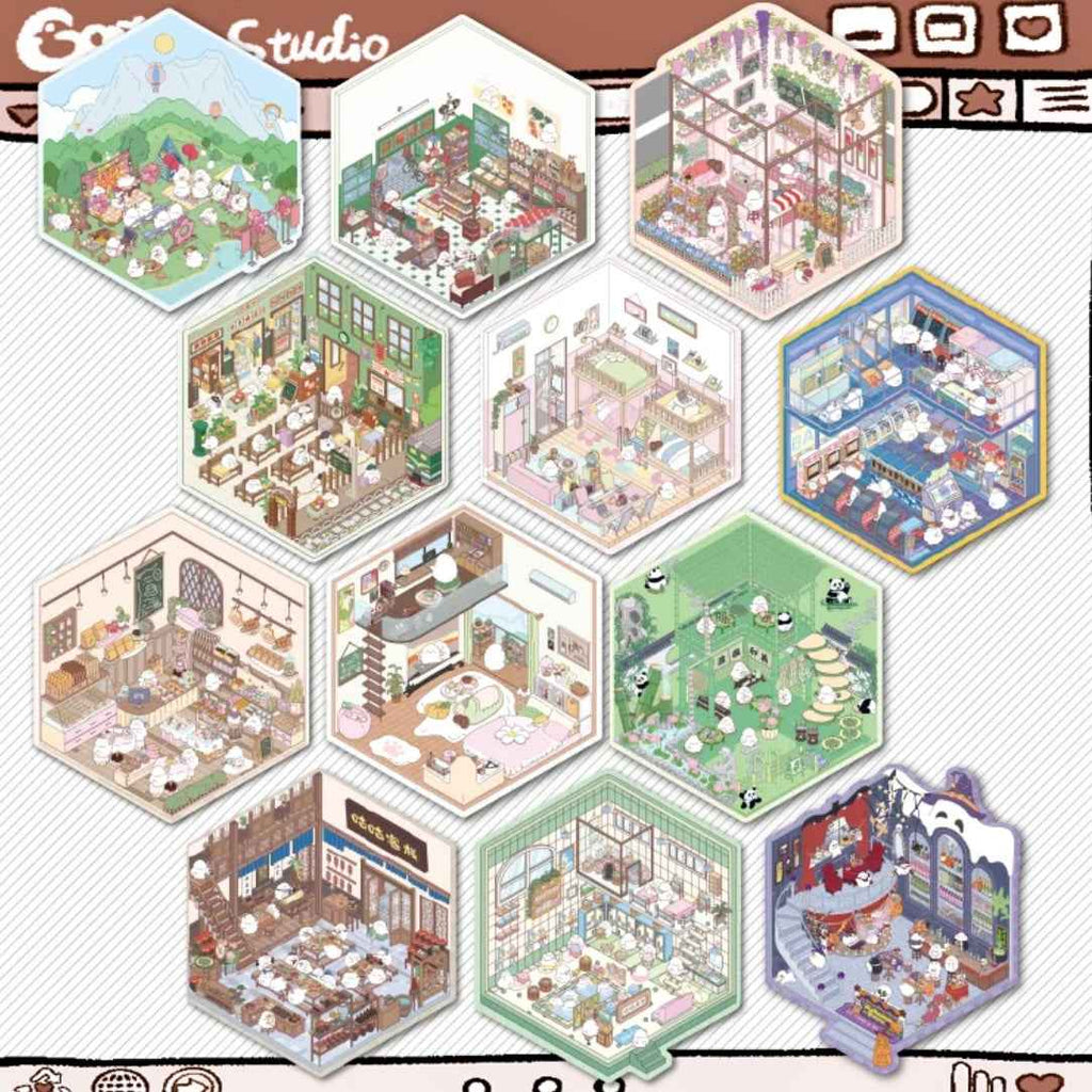 Cute Chick 3D Sticker Scenes - 12 Theme Sets: Coffee Flower | Panda Tea House | Bakery Shop | Apartment | Halloween | Outdoor Party | Snack Store | Arcade | Girls' Dormitory | Retro Hall | Public Bathhouse | Chinese Inn