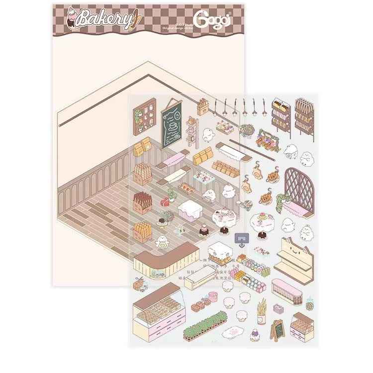 Cute Chick 3D Sticker Scenes - 12 Theme Sets: Coffee Flower | Panda Tea House | Bakery Shop | Apartment | Halloween | Outdoor Party | Snack Store | Arcade | Girls' Dormitory | Retro Hall | Public Bathhouse | Chinese Inn