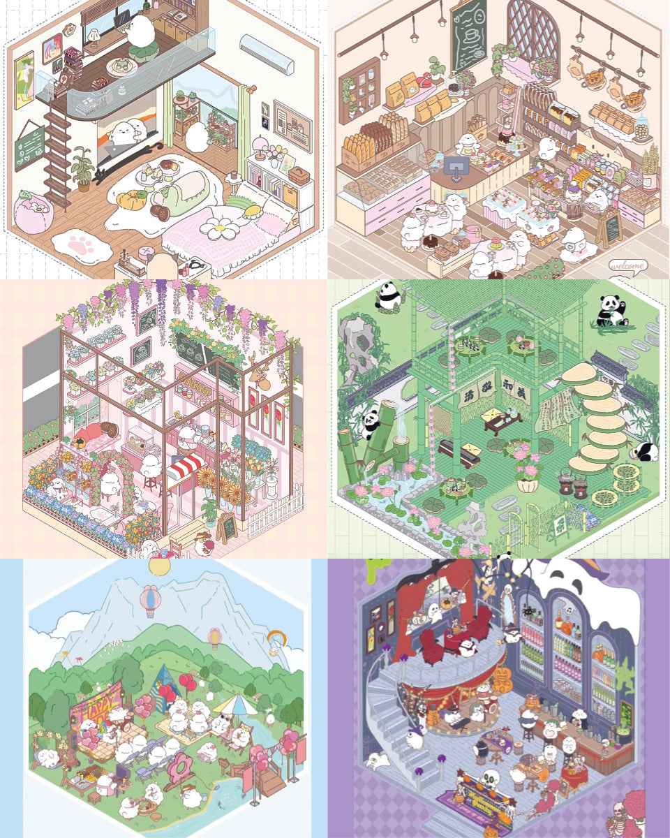 Cute Chick 3D Sticker Scenes - 12 Theme Sets: Coffee Flower | Panda Tea House | Bakery Shop | Apartment | Halloween | Outdoor Party | Snack Store | Arcade | Girls' Dormitory | Retro Hall | Public Bathhouse | Chinese Inn