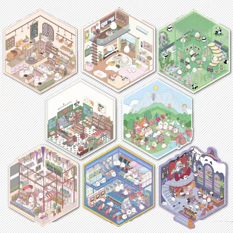 Cute Chick 3D Sticker Scenes - 12 Theme Sets: Coffee Flower | Panda Tea House | Bakery Shop | Apartment | Halloween | Outdoor Party | Snack Store | Arcade | Girls' Dormitory | Retro Hall | Public Bathhouse | Chinese Inn