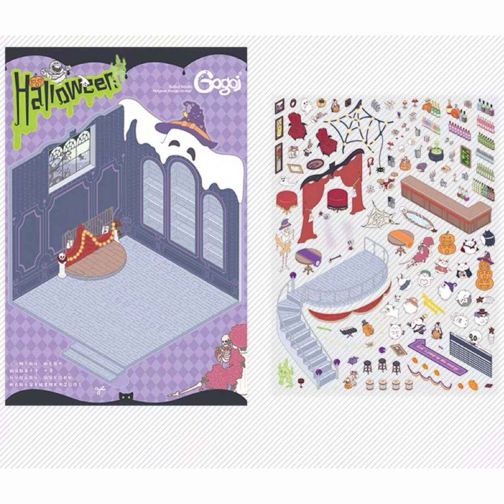 Cute Chick 3D Sticker Scenes - 12 Theme Sets: Coffee Flower | Panda Tea House | Bakery Shop | Apartment | Halloween | Outdoor Party | Snack Store | Arcade | Girls' Dormitory | Retro Hall | Public Bathhouse | Chinese Inn