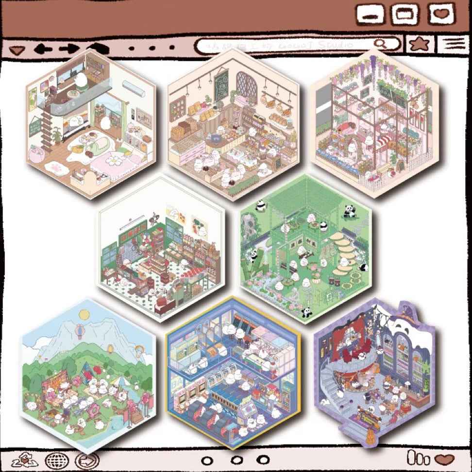 Cute Chick 3D Sticker Scenes - 12 Theme Sets: Coffee Flower | Panda Tea House | Bakery Shop | Apartment | Halloween | Outdoor Party | Snack Store | Arcade | Girls' Dormitory | Retro Hall | Public Bathhouse | Chinese Inn