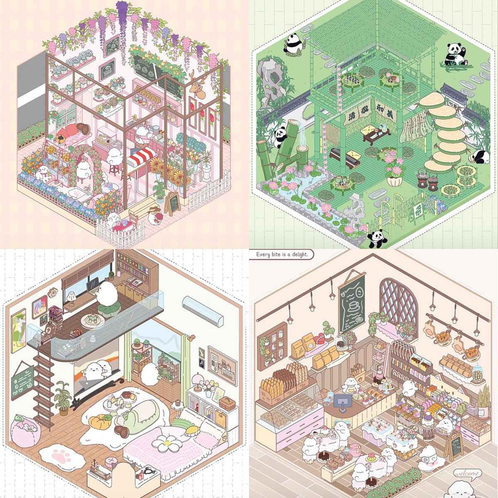 Cute Chick 3D Sticker Scenes - 12 Theme Sets: Coffee Flower | Panda Tea House | Bakery Shop | Apartment | Halloween | Outdoor Party | Snack Store | Arcade | Girls' Dormitory | Retro Hall | Public Bathhouse | Chinese Inn