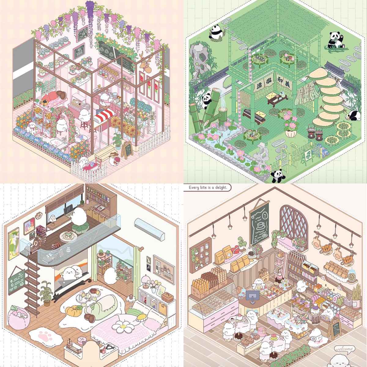 Cute Chick 3D Sticker Scenes - 12 Theme Sets: Coffee Flower | Panda Tea House | Bakery Shop | Apartment | Halloween | Outdoor Party | Snack Store | Arcade | Girls' Dormitory | Retro Hall | Public Bathhouse | Chinese Inn