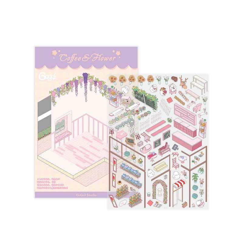 Cute Chick 3D Sticker Scenes - 12 Theme Sets: Coffee Flower | Panda Tea House | Bakery Shop | Apartment | Halloween | Outdoor Party | Snack Store | Arcade | Girls' Dormitory | Retro Hall | Public Bathhouse | Chinese Inn