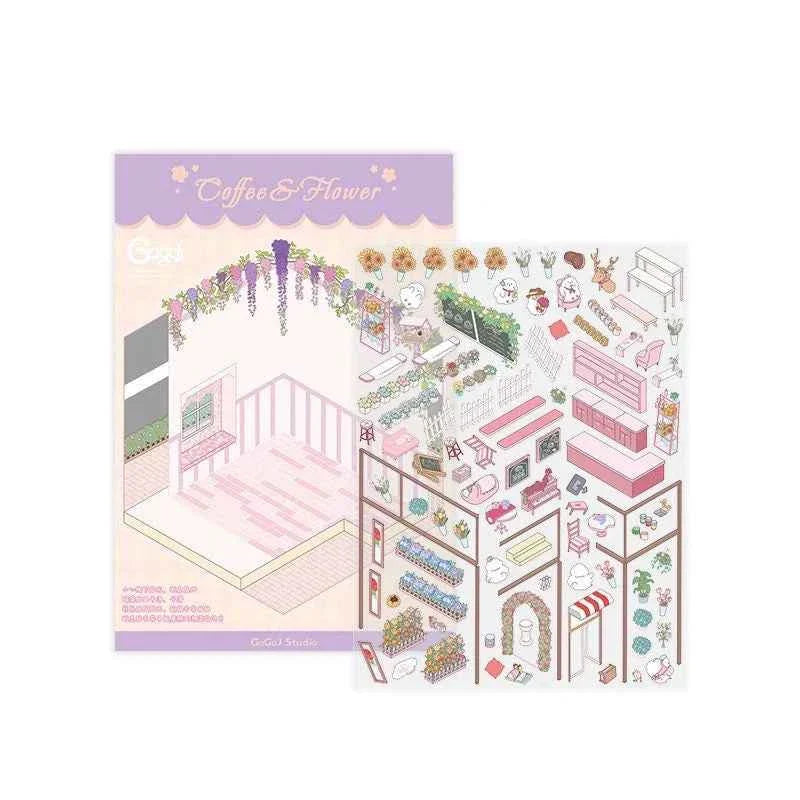 Cute Chick 3D Sticker Scenes - 12 Theme Sets: Coffee Flower | Panda Tea House | Bakery Shop | Apartment | Halloween | Outdoor Party | Snack Store | Arcade | Girls' Dormitory | Retro Hall | Public Bathhouse | Chinese Inn