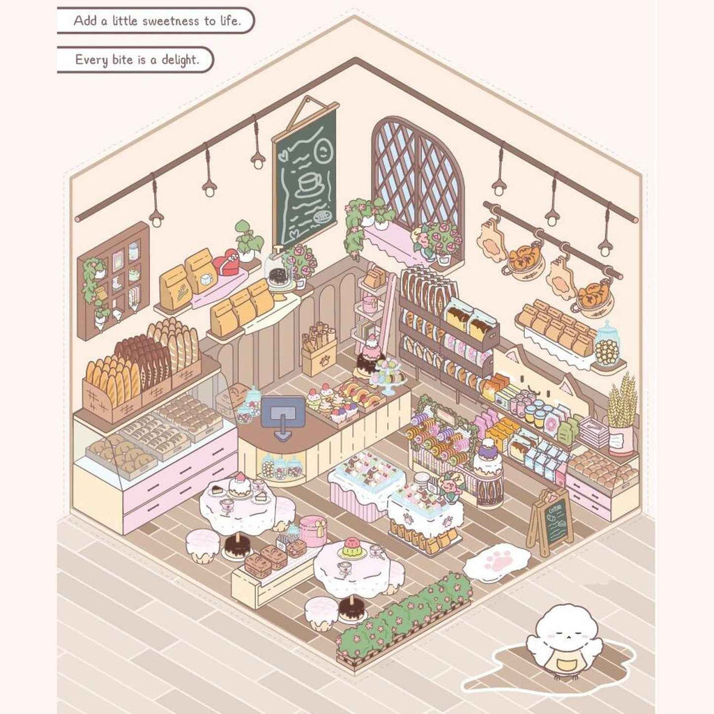 Cute Chick 3D Sticker Scenes - 12 Theme Sets: Coffee Flower | Panda Tea House | Bakery Shop | Apartment | Halloween | Outdoor Party | Snack Store | Arcade | Girls' Dormitory | Retro Hall | Public Bathhouse | Chinese Inn