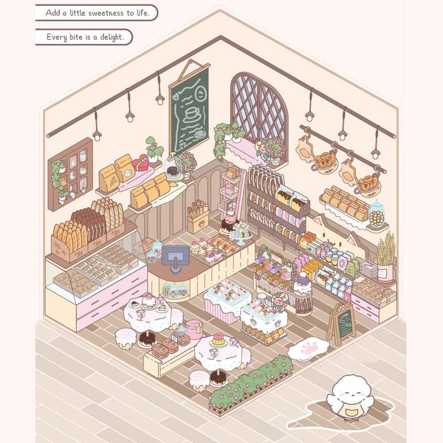 Cute Chick 3D Sticker Scenes - 12 Theme Sets: Coffee Flower | Panda Tea House | Bakery Shop | Apartment | Halloween | Outdoor Party | Snack Store | Arcade | Girls' Dormitory | Retro Hall | Public Bathhouse | Chinese Inn