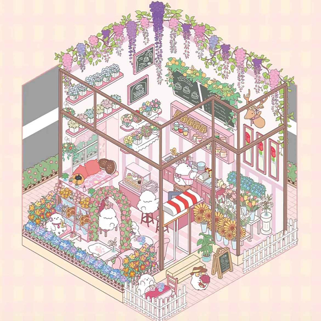 Cute Chick 3D Sticker Scenes - 12 Theme Sets: Coffee Flower | Panda Tea House | Bakery Shop | Apartment | Halloween | Outdoor Party | Snack Store | Arcade | Girls' Dormitory | Retro Hall | Public Bathhouse | Chinese Inn