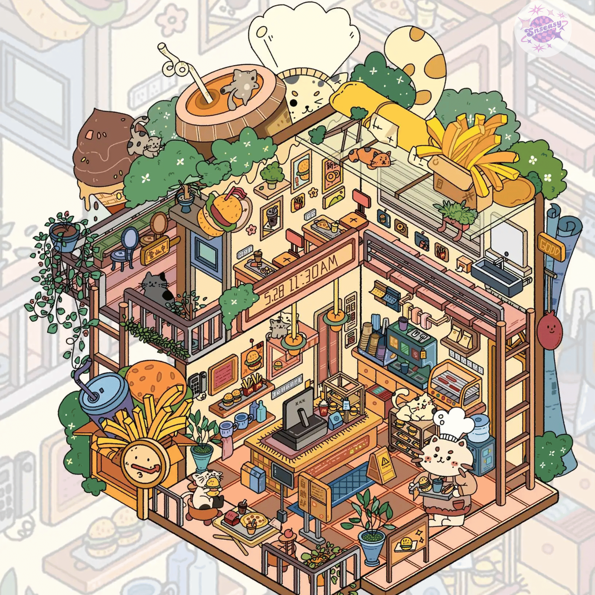 Happy Mini Mart – 3D Miniature Sticker Scenes - 5 Theme Sets: Photography Studio | Teahouse | Meow Burger Shop | Meow Bakery | Yoga & SPA