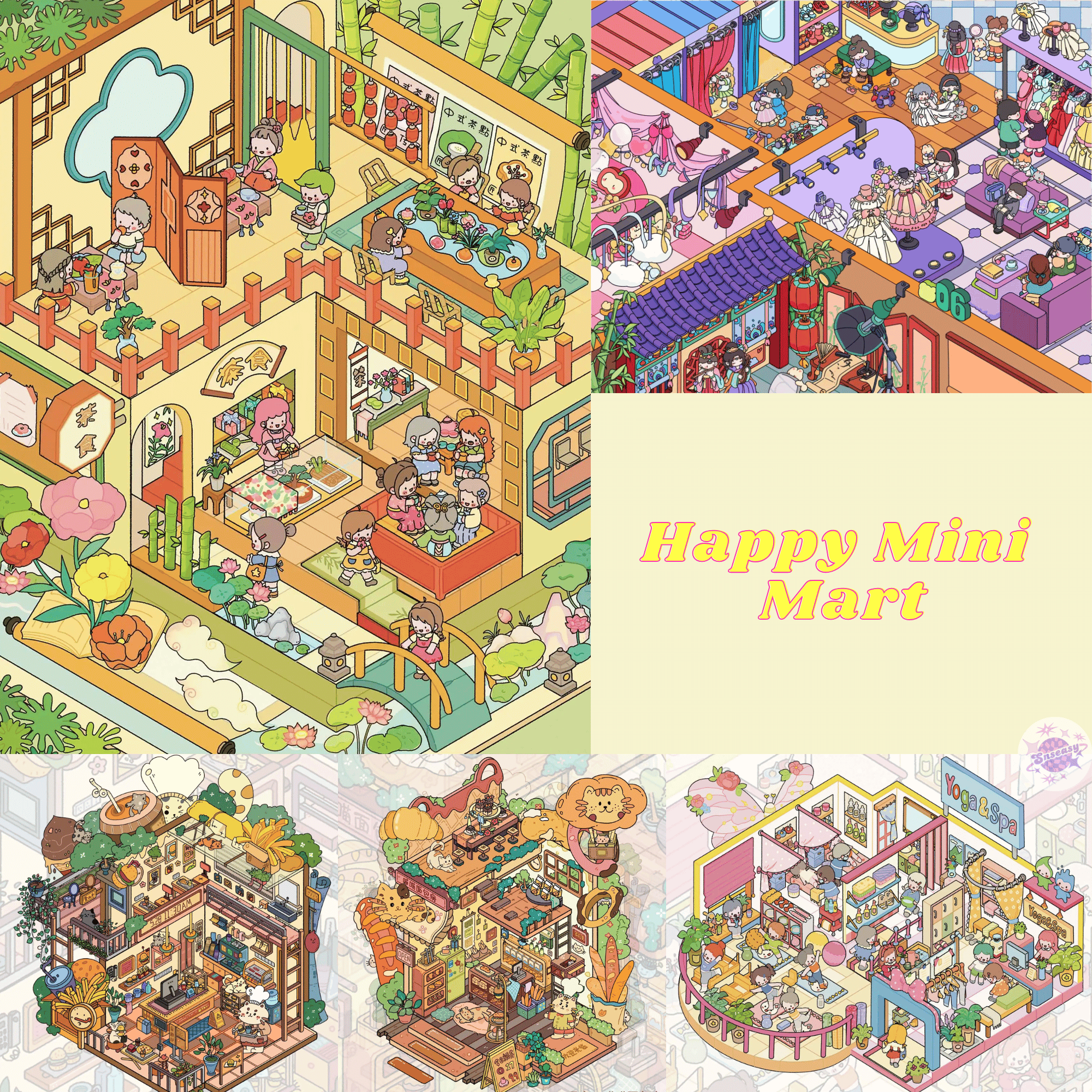 Happy Mini Mart – 3D Miniature Sticker Scenes - 5 Theme Sets: Photography Studio | Teahouse | Meow Burger Shop | Meow Bakery | Yoga & SPA