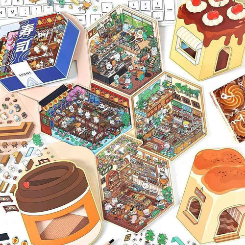 Animal Store – 3D Miniature Sticker Scenes - 4 Theme Sets: Café | Sushi Restaurant | Dessert House | Bakery