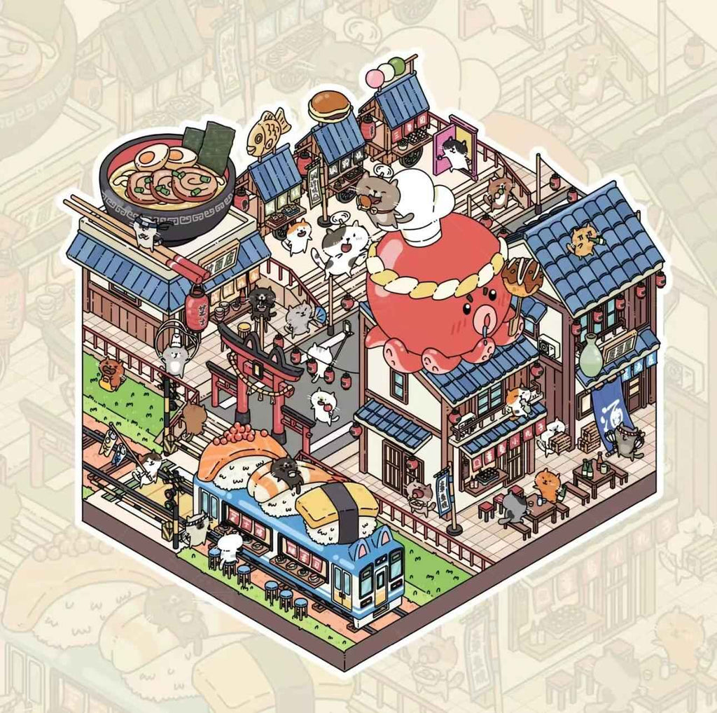 Cute Cat Sushi Street 3D DIY Miniature Sticker Scenes