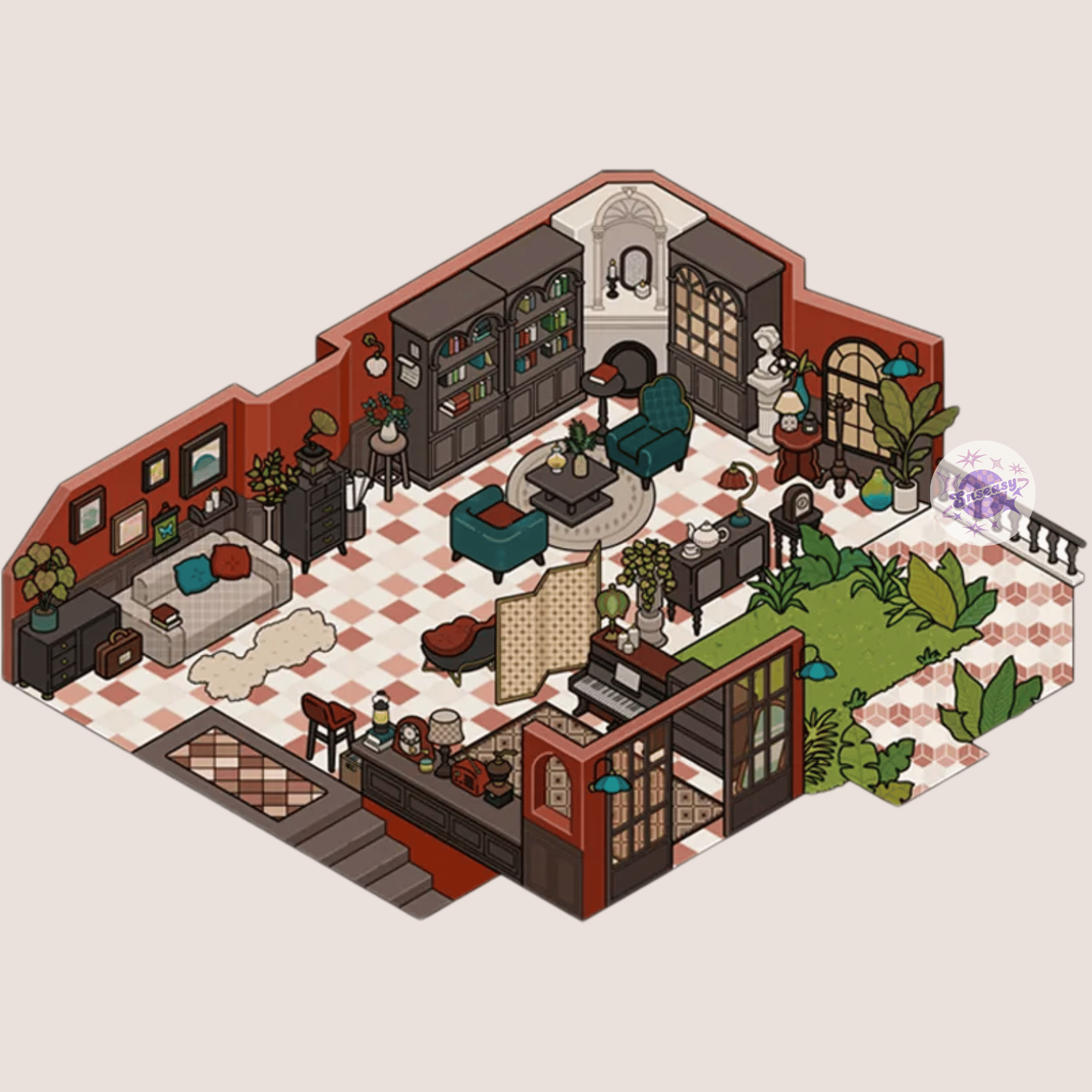 Romantic Rooms – 3D Miniature Sticker Scenes - 4 Theme Sets: Rose, Piano & Poetry | Forest Bakery | Antique Flower Shop | Vintage Living Room