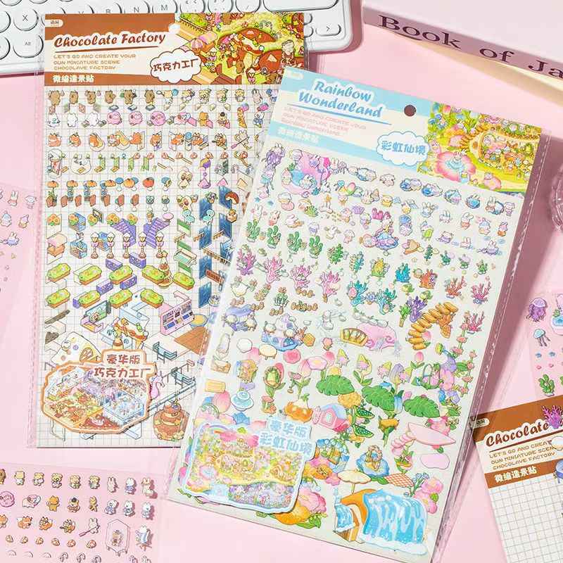 Fun World – 3D DIY Miniature Sticker Scenes - 2 Theme Sets: Chocolate Factory | Rainbow Fairyland