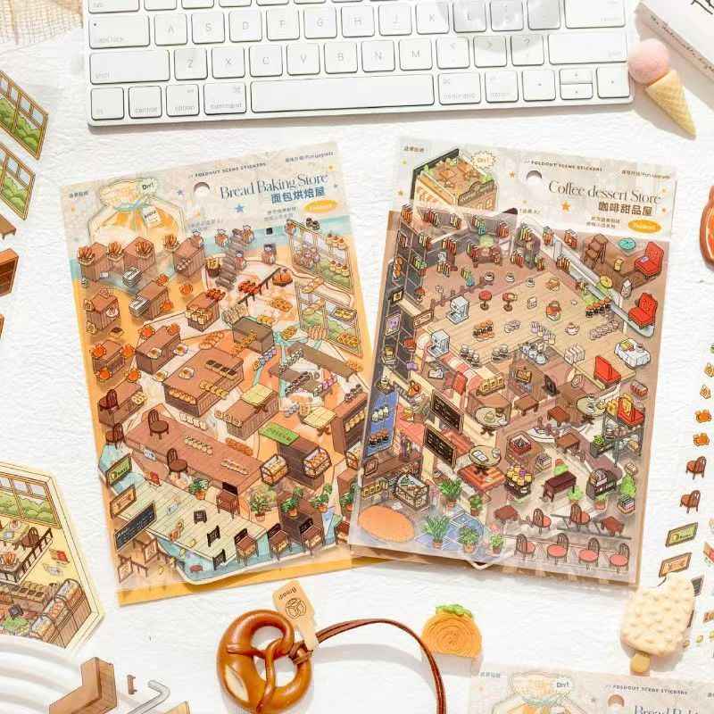 Micro Mini Shop - 3D DIY Miniature Sticker Scenes - 2 Theme Sets Coffee & Dessert Shop  Bread & Bakery Shop