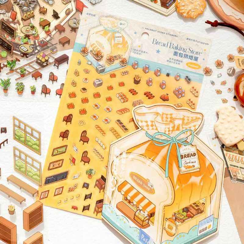 Micro Mini Shop - 3D DIY Miniature Sticker Scenes - 2 Theme Sets Coffee & Dessert Shop  Bread & Bakery Shop