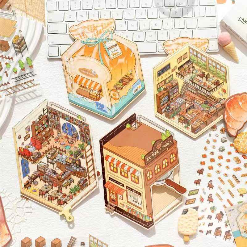 Micro Mini Shop - 3D DIY Miniature Sticker Scenes - 2 Theme Sets Coffee & Dessert Shop  Bread & Bakery Shop